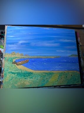 Seaside Boat Canvas Painting in Blue and Green